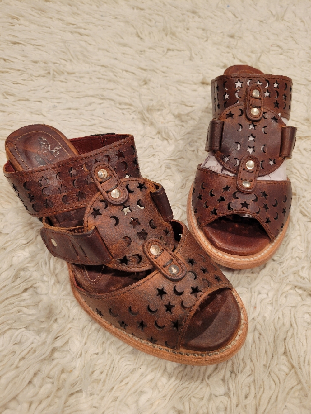 NIB Freebird Moonstar Slide Sandals Block Heel Cognac Sz 9